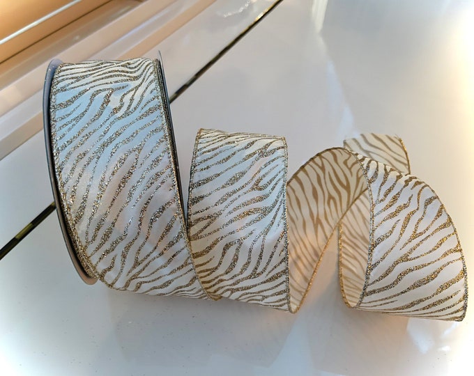 2.5” Zebra Pattern White & Gold Sparkle Wired Ribbon #236 - Sold By The Yard