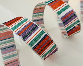 1.5” Old Fashioned Stripes Wired Ribbon: Orange, Purple, Blue, Green, White - Sold By The Yard