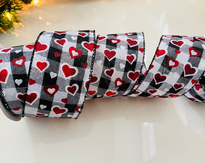 10 Yard Roll - 2.5" Red Sparkle Heart Wired Ribbon: Black & White Checkered Pattern #984