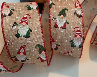 2.5” Christmas Glitter Gnomes Beige, Red, and Green Wired Ribbon - Sold By The Yard