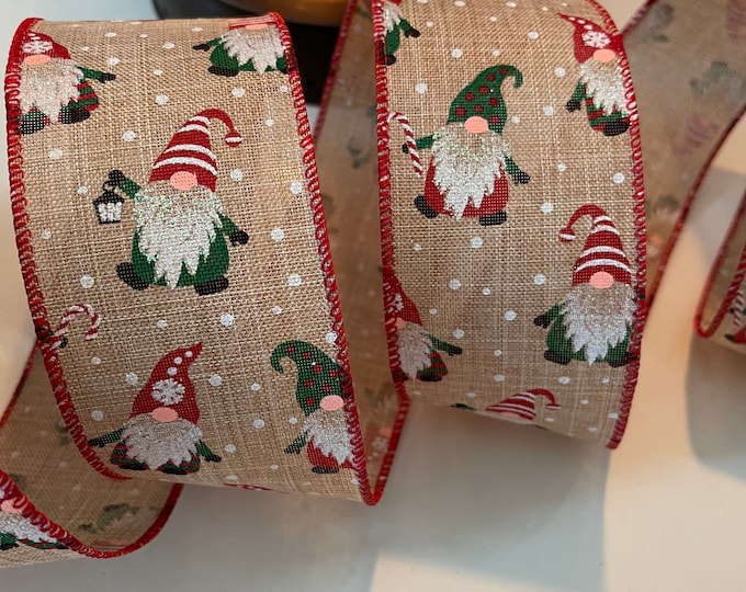 2.5” Christmas Glitter Gnomes Beige, Red, and Green Wired Ribbon - Sold By The Yard