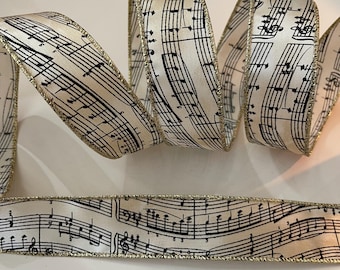 1.5” Vintage Bronze & Cream Colored Musical Notes Wired Ribbon #473 - Sold By The Yard