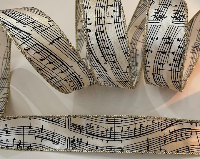 1.5” Vintage Bronze & Cream Colored Musical Notes Wired Ribbon #473 - Sold By The Yard