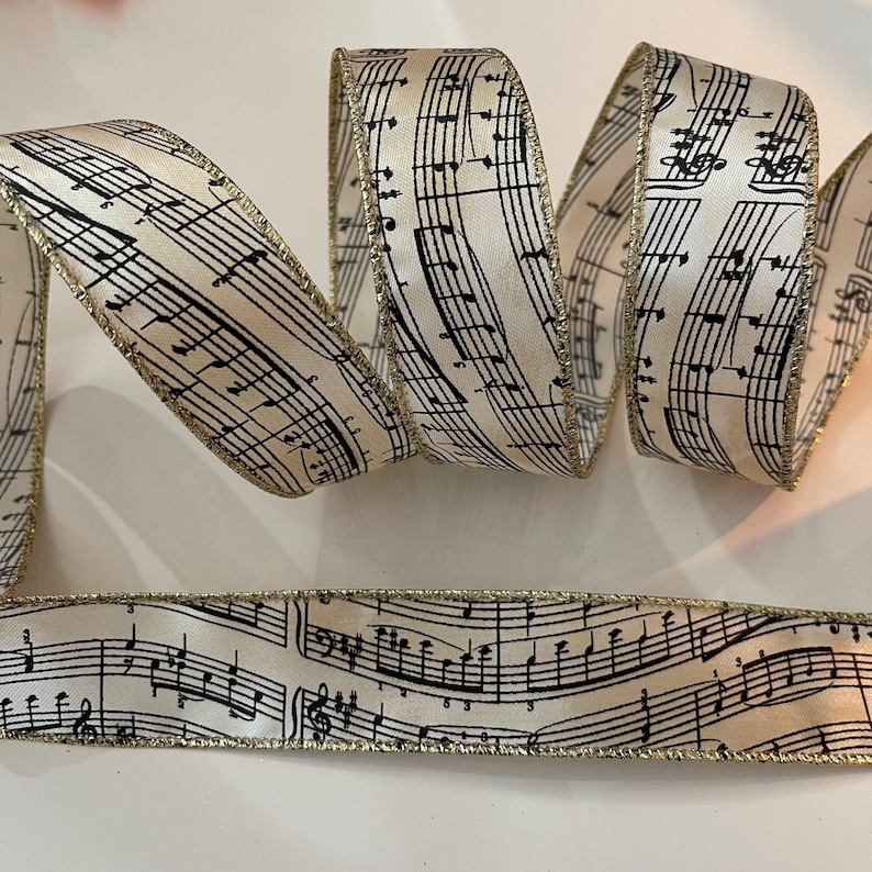 Musical Ribbon 1.5” Vintage Bronze & Cream Colored Musical Notes Wired Ribbon #473 ...