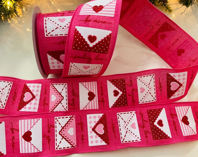 10 Yard Roll - 2.5” Pink With Valentines Letters Wired Ribbon - Perfect for Gift Wrapping, Wreaths, Decor & Much More!