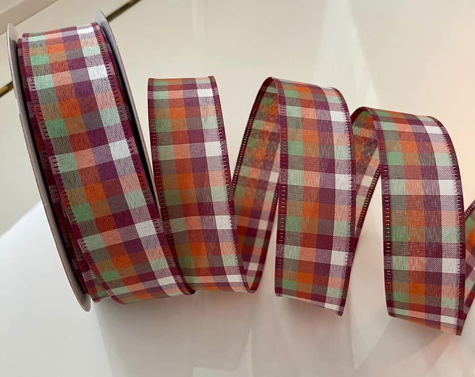 1.5” Fall Plaid Wired Ribbon: Purple, Orange, Green, Creamy White