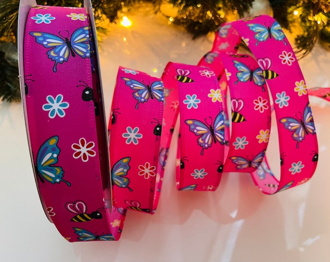 1.5” Pink Wired Ribbon: Bumble Bees & Butterflies - Sold By The Yard