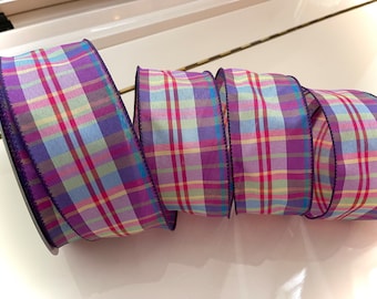 2.5” Colorful Purple Plaid Wired Ribbon - Sold By The Yard