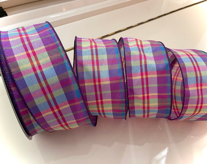 2.5” Colorful Purple Plaid Wired Ribbon - Sold By The Yard