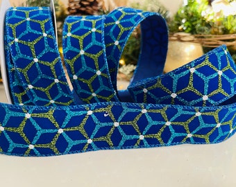 1.5" Royal Blue Velvet Wired Ribbon With Lime & Aqua #21 - 10 Yard Roll