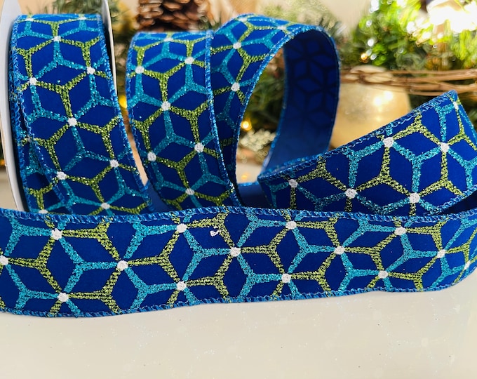 1.5" Royal Blue Velvet Wired Ribbon With Lime & Aqua #21 - 10 Yard Roll