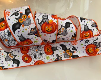 2.5" Halloween Wired Ribbon Pumpkins, Kitties, Owls, & Spiders #315 - 10 Yard Roll