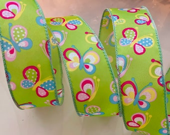 1.5” Green Wired Ribbon With Colorful Butterflies - Sold By The Yard