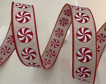 1.5” Red & White Glitter Peppermint Wired Ribbon #771 - Sold By The Yard