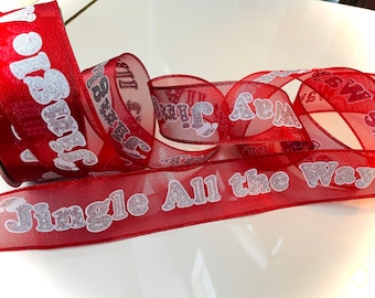 2.5" Red, White and Silver Christmas Wired Ribbon “Jingle All the Way” #285 - Sold By The Yard