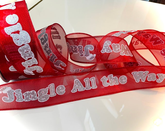 2.5" Red, White and Silver Christmas Wired Ribbon “Jingle All the Way” #285 - Sold By The Yard
