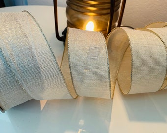 2.5” Cream and Gold Wired Ribbon #3379 - Perfect for Gift Wrapping, Wreaths, Decor & Much More! - Sold By The Yard