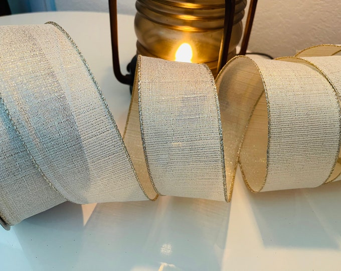 2.5” Cream and Gold Wired Ribbon #3379 - Perfect for Gift Wrapping, Wreaths, Decor & Much More! - Sold By The Yard