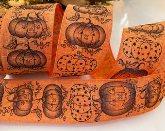 2.5" Happy Pumpkins Orange & Black Wired Ribbon #317 - Sold By The Yard