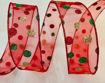 1.5” Sheer Glittery Polka Dot Wired Ribbon: Red, Green, Gold