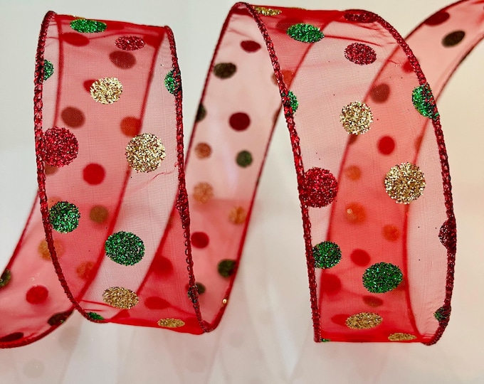 1.5” Sheer Glittery Polka Dot Wired Ribbon: Red, Green, Gold