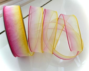 1.5” Sheer Pink & Yellow Wired Ribbon - Sold By The Yard
