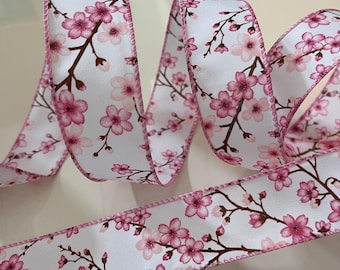 1.5” Cherry Blossom Wired Ribbon: Pink, White #461