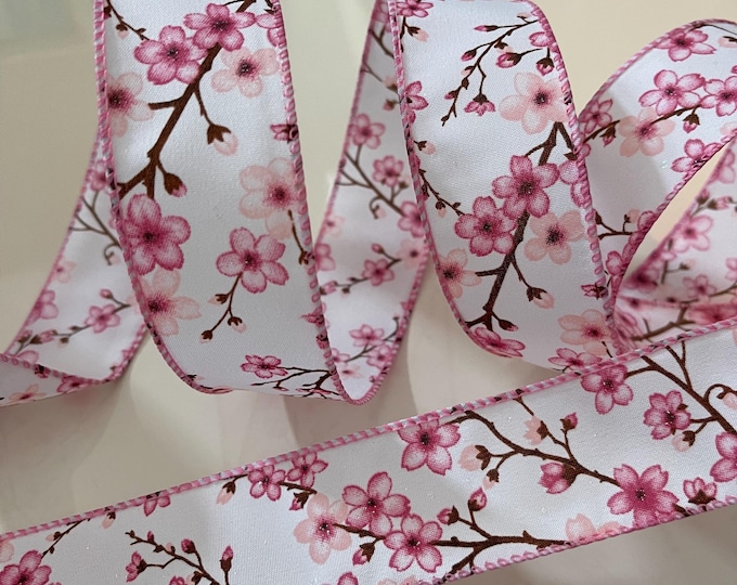 1.5” Cherry Blossom Wired Ribbon: Pink, White #461
