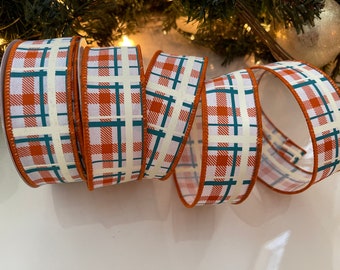 1.5” Orange & Teal Plaid Wired Ribbon - 10 Yard Roll