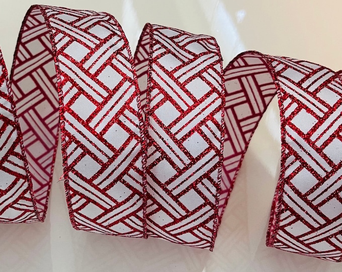 1.5” Red and White Sparkle Diagonal Stripe Wired Ribbon #1482 - Perfect for Gift Wrapping, Wreaths, Decor & Much More! - Sold By The Yard