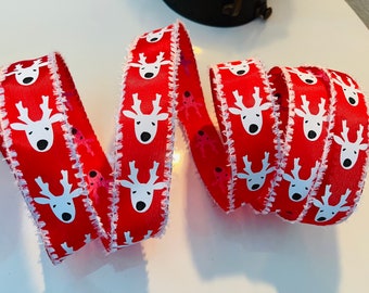 1.5” Red & White Reindeer Fuzzy Edge Christmas Wired Ribbon #748 - Sold By The Yard