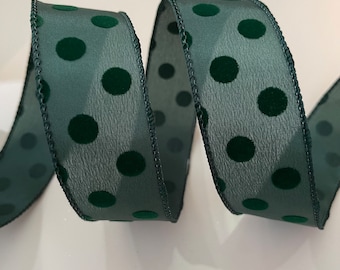 1.5” Dark Green Wired Ribbon with Felt Polka Dots - Sold By The Yard
