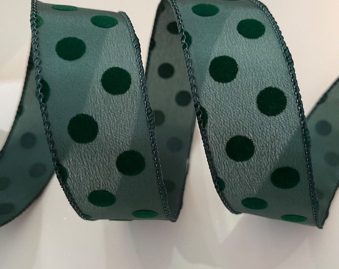 1.5” Dark Green Wired Ribbon with Felt Polka Dots - Sold By The Yard