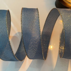 1.5” Shimmery Denim Blue & Gold Wired Ribbon #320