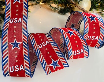 2.5" USA Glitter Wired Ribbon: Red, White, & Blue  #37 - 10 Yard Roll