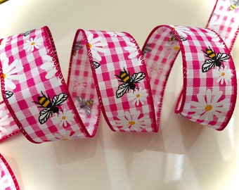 1.5” Pink and White Gingham, Bumblebees & Daisies Wired Ribbon: - Sold By The Yard