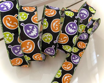 1.5” Colorful Happy Pumpkins Halloween Wired Ribbon: Black, Orange, Purple, Green - Sold By The Yard