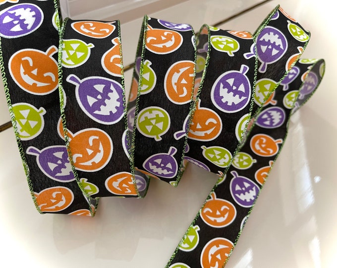 1.5” Colorful Happy Pumpkins Halloween Wired Ribbon: Black, Orange, Purple, Green - Sold By The Yard