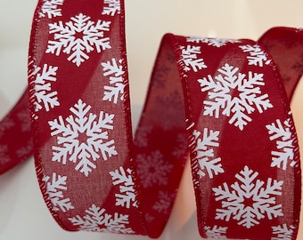 1.5” Red & White Snowflake Wired Ribbon #420 - Sold By The Yard