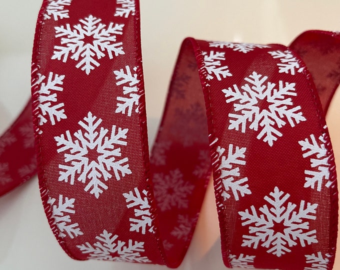 1.5” Red & White Snowflake Wired Ribbon #420 - Sold By The Yard