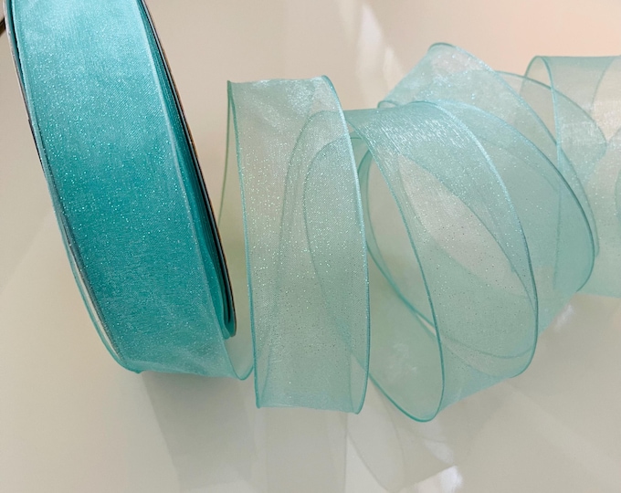 1.5” Sheer Aqua Glitter Misted Wired Ribbon