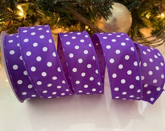 1.5” Purple Wired Ribbon With White Polka Dots #631 - 10 Yard Roll