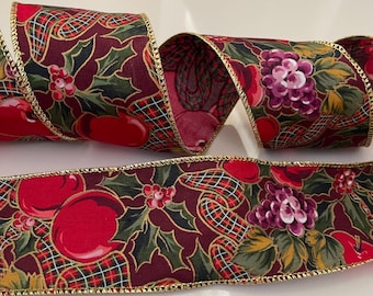 2.5” Apple & Grape Christmas Holly Wired Ribbon
