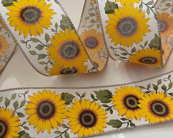 2.5” Sunflower Wired Ribbon: Green, Yellow, Brown, Beige #69