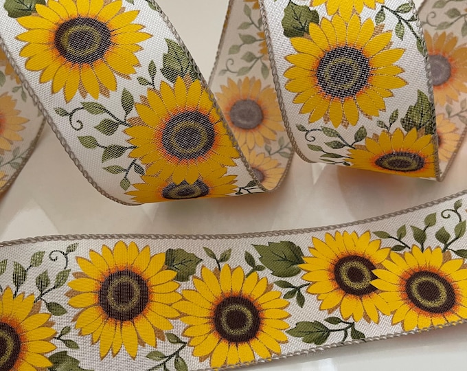 2.5” Sunflower Wired Ribbon: Green, Yellow, Brown, Beige #69