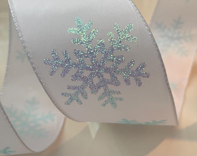 2.5” Glittery Snowflakes White Wired Ribbon #633