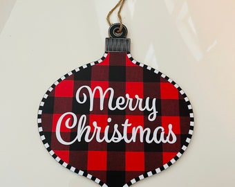 12” Buffalo Plaid Christmas Ornament Shaped Wooden Wreath Sign: Red, Black & White