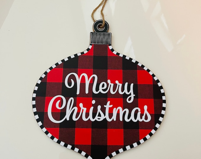 12” Buffalo Plaid Christmas Ornament Shaped Wooden Wreath Sign: Red, Black & White