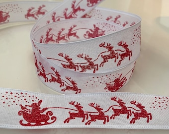 1.5” Santa’s Sleigh with Reindeer Sparkle Wired Ribbon #627 - Sold By The Yard