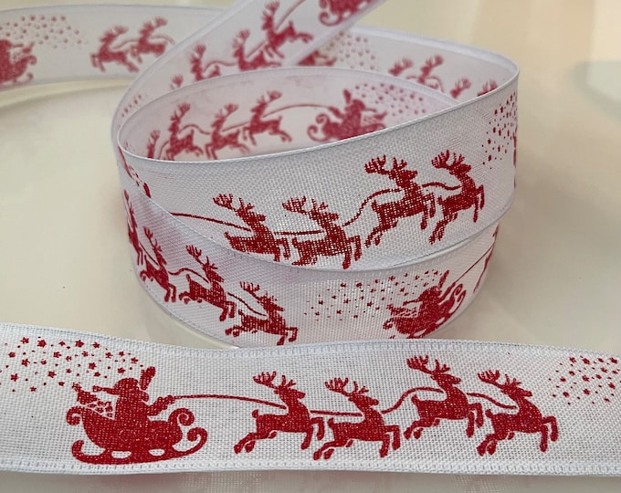 1.5” Santa’s Sleigh with Reindeer Sparkle Wired Ribbon #627 - Sold By The Yard